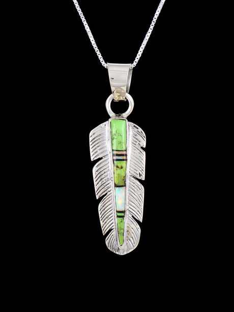 Native American Green Gaspeite Feather Inlay Pendant - PuebloDirect.com