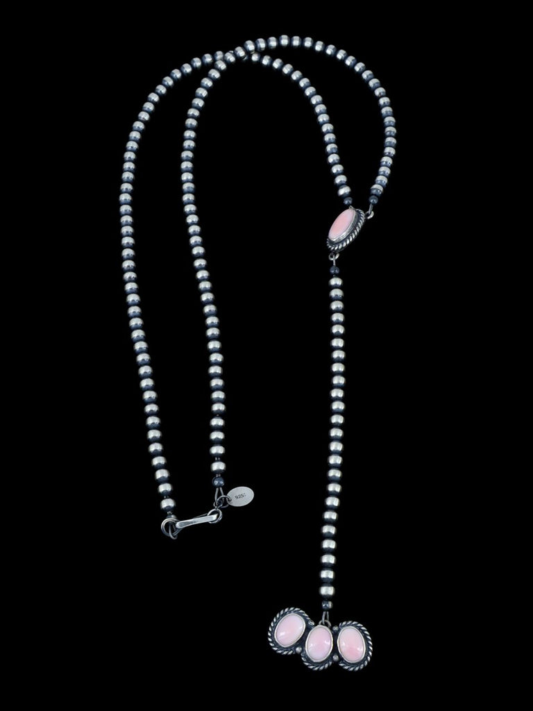 Native American Sterling Silver and Pink Conch Beaded Lariat Necklace - PuebloDirect.com