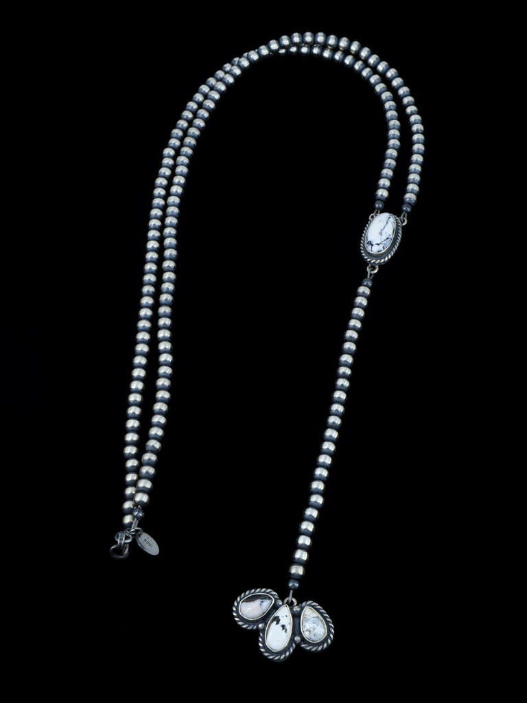 Native American Sterling Silver and White Buffalo Beaded Lariat Necklace - PuebloDirect.com