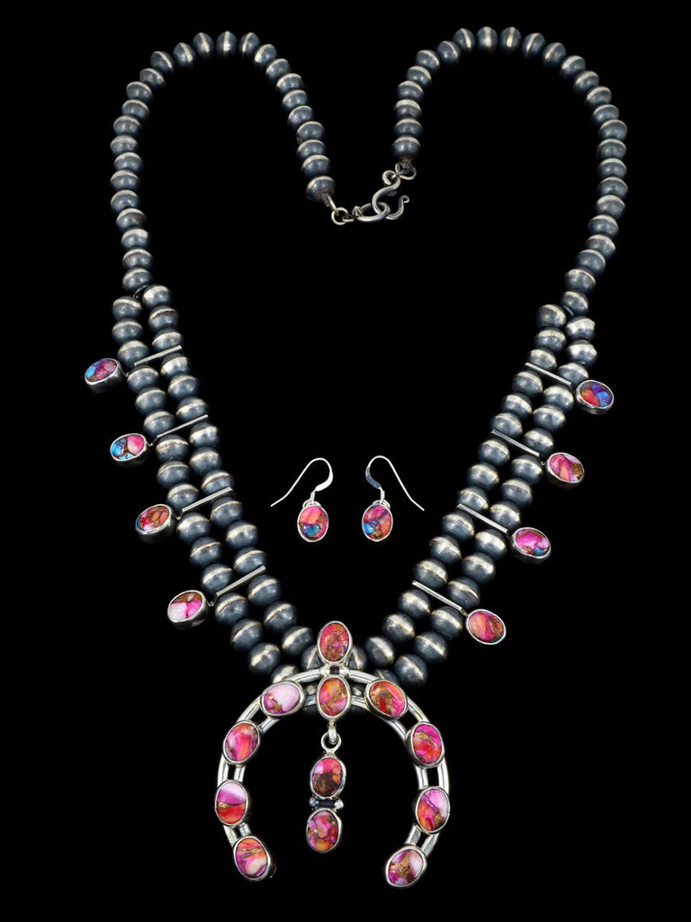 Native American Compressed Spiny Oyster Squash Blossom Necklace and Earrings Set - PuebloDirect.com