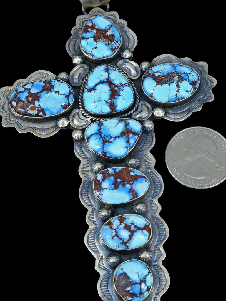 Native American Golden Hill Turquoise Sterling Silver Cross Pendant - PuebloDirect.com