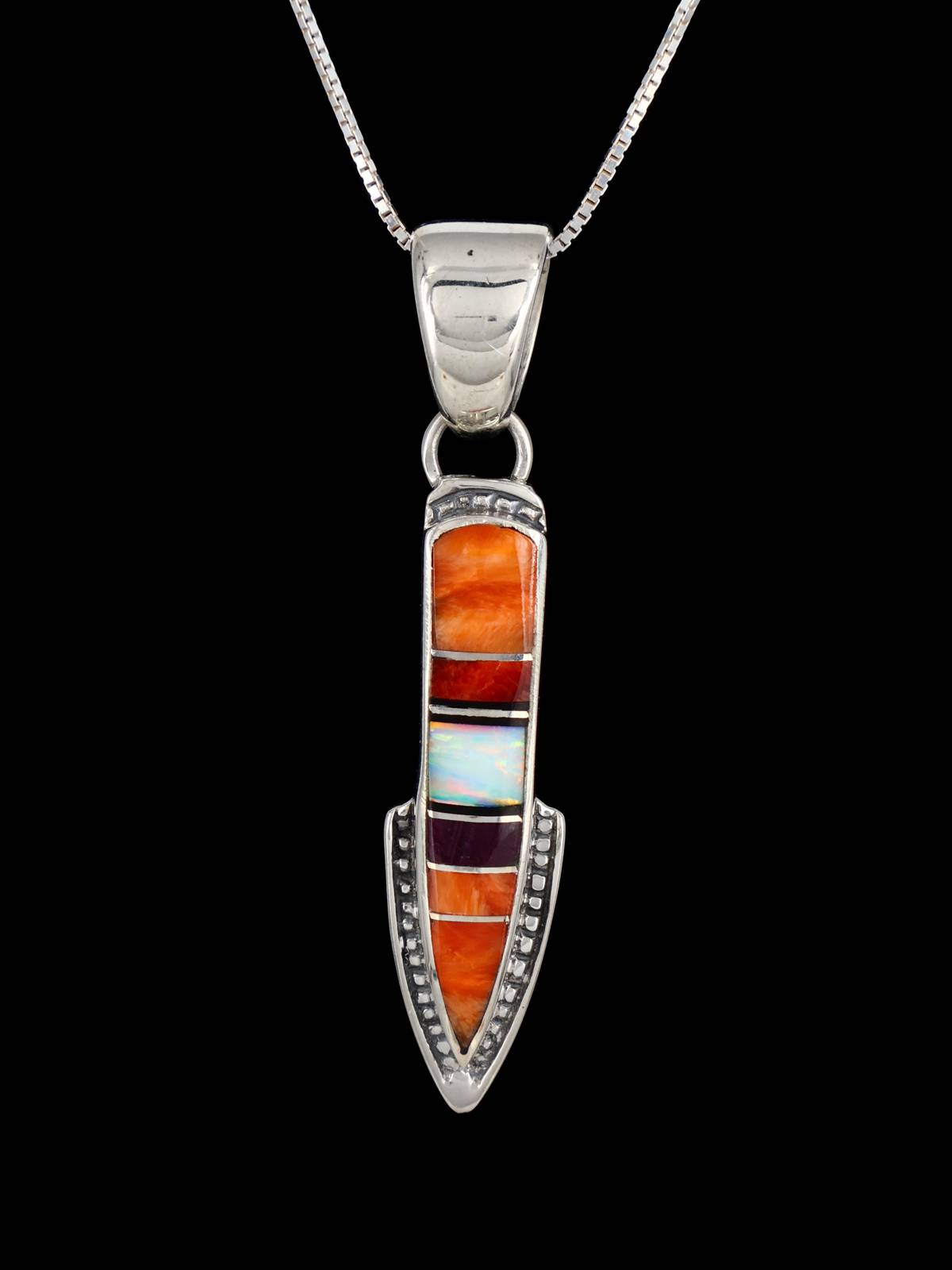 Navajo Mosaic Inlay Spiny Oyster Sterling Silver Arrow Pendant - PuebloDirect.com