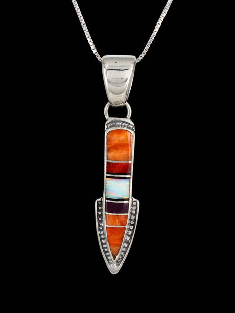 Navajo Mosaic Inlay Spiny Oyster Sterling Silver Arrow Pendant - PuebloDirect.com
