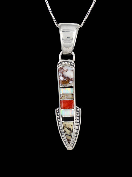 Navajo Mosaic Inlay Wild Horse Sterling Silver Arrow Pendant - PuebloDirect.com