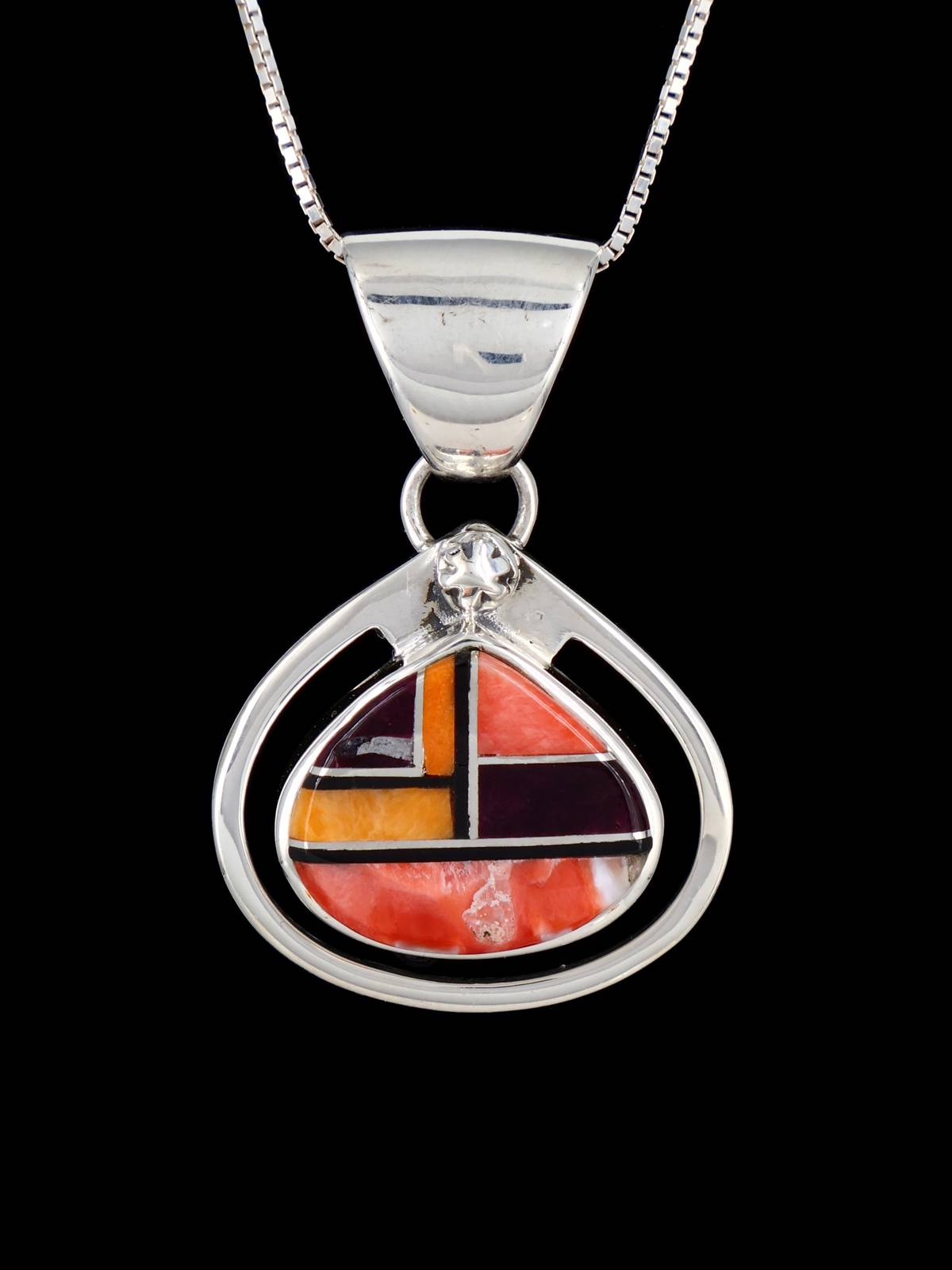 Navajo Spiny Oyster Mosaic Sterling Silver Inlay Pendant - PuebloDirect.com