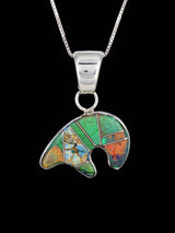 Navajo Sterling Silver Reversible Spiderweb Opal Inlay Bear Pendant - PuebloDirect.com