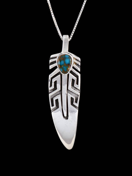 Navajo Sterling Silver Turquoise Feather Pendant - PuebloDirect.com