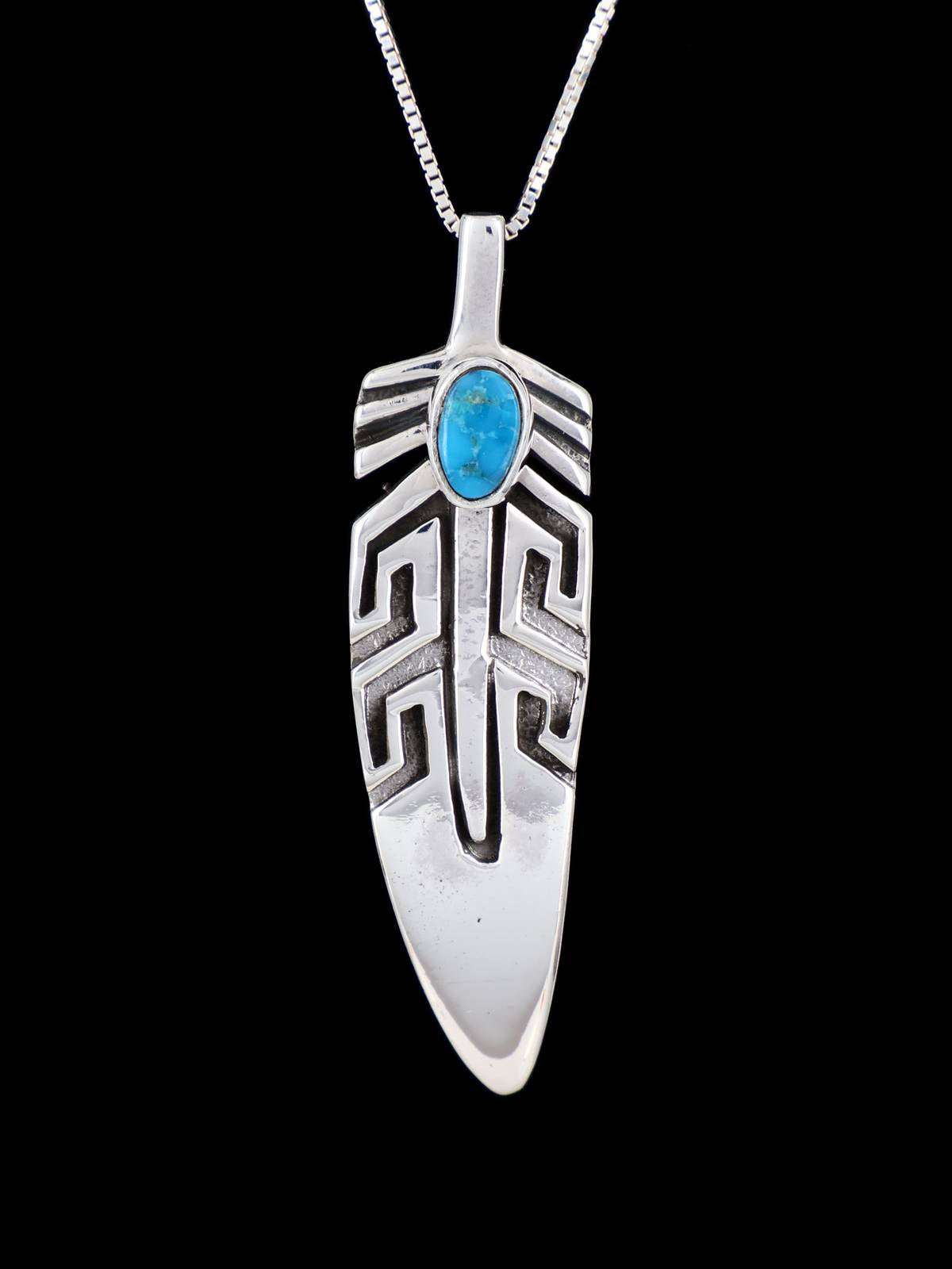 Navajo Sterling Silver Turquoise Feather Pendant - PuebloDirect.com