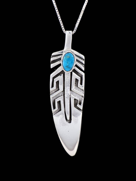 Navajo Sterling Silver Turquoise Feather Pendant - PuebloDirect.com