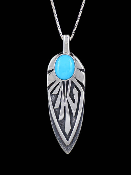 Navajo Sterling Silver Turquoise Feather Pendant - PuebloDirect.com