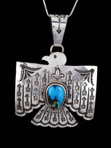 Navajo Sterling Silver Turquoise Thunderbird Pendant - PuebloDirect.com