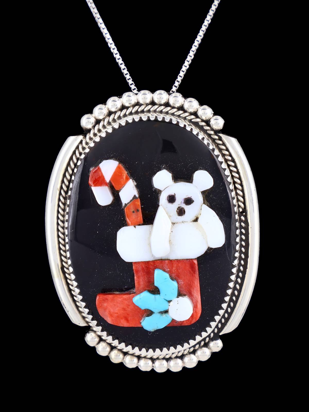 Zuni Inlay Christmas Stocking Penn Shell Pin/Pendant - PuebloDirect.com