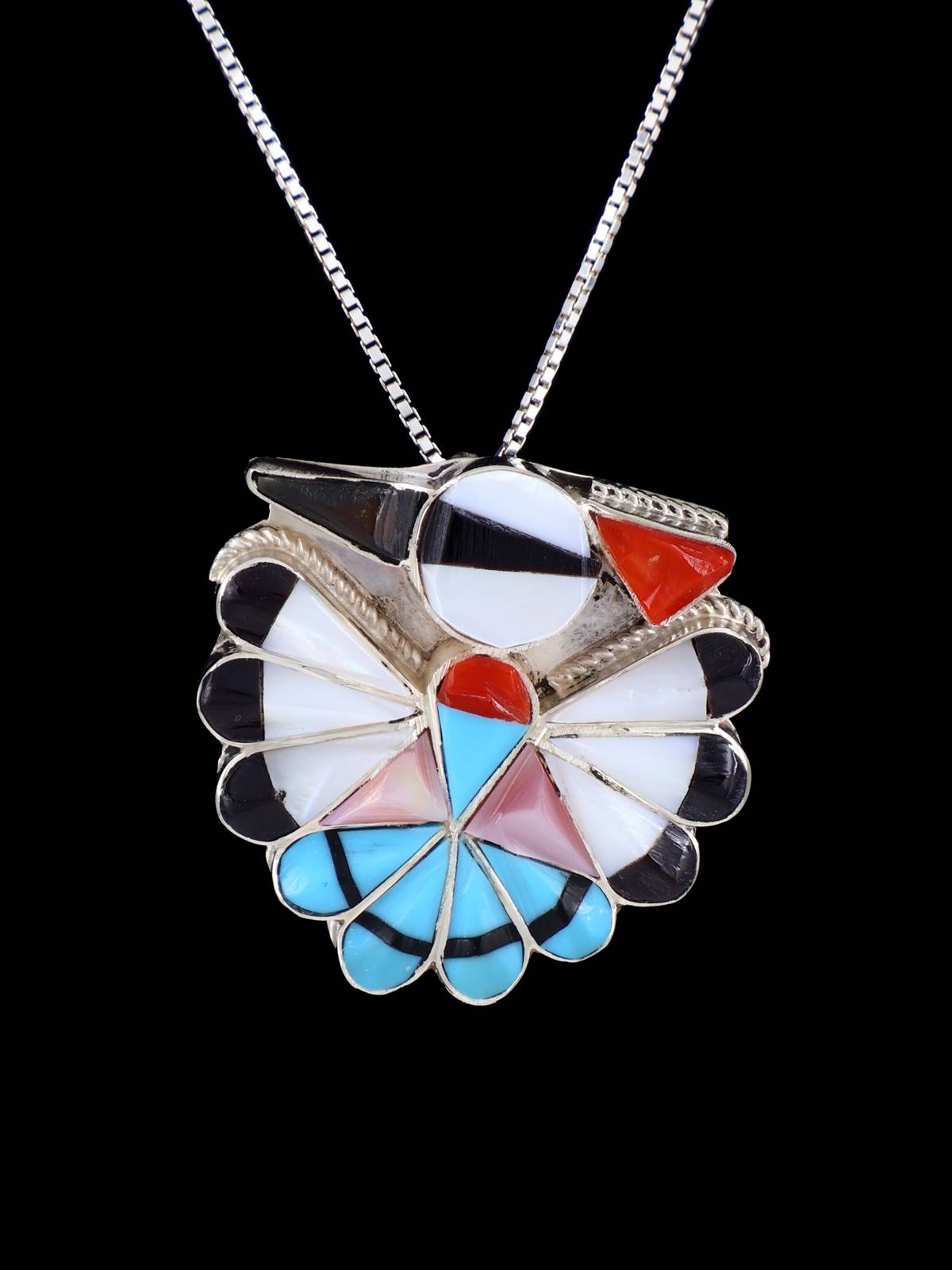 Multi-Stone Sterling Silver Zuni Thunderbird Pin Pendant - PuebloDirect.com