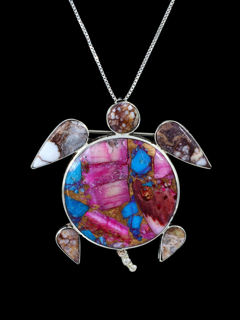 Native American Zuni Inlay Spiny Oyster Turtle Pin Pendant - PuebloDirect.com