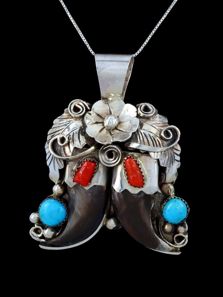 Navajo Sterling Silver Turquoise and Coral Claw Pendant - PuebloDirect.com