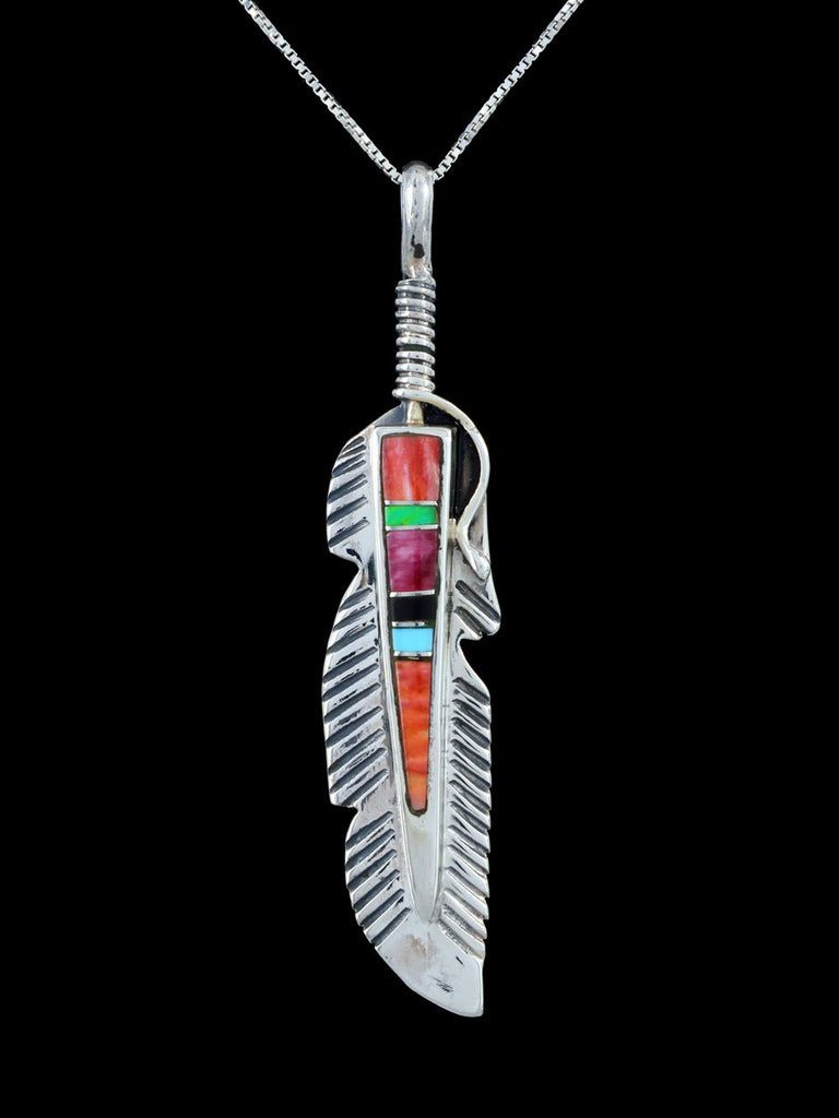 Navajo Inlay Multistone Feather Pendant - PuebloDirect.com