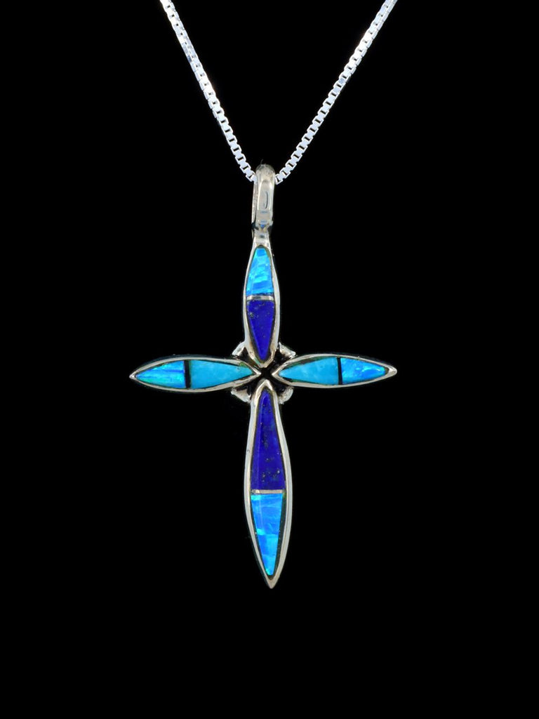 Navajo Turquoise, Lapis, and Opalite Inlay Cross Pendant - PuebloDirect.com