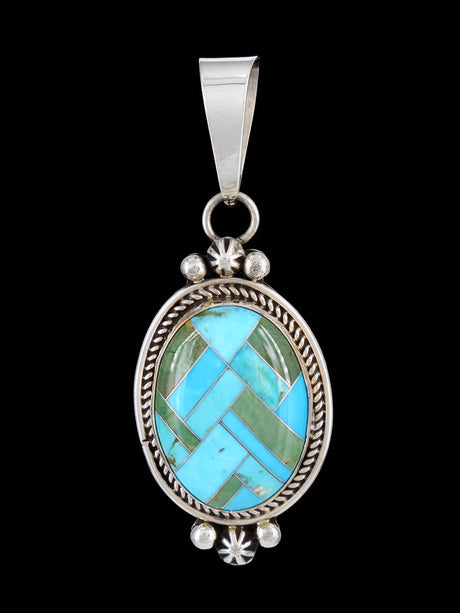 Turquoise Mosaic Inlay Sterling Silver Navajo Pendant - PuebloDirect.com