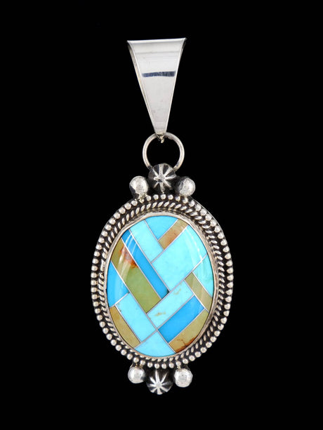 Turquoise Mosaic Inlay Sterling Silver Navajo Pendant - PuebloDirect.com