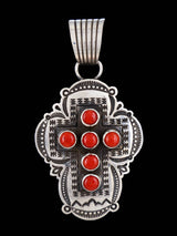 Native American Coral Cross Sterling Silver Pendant - PuebloDirect.com