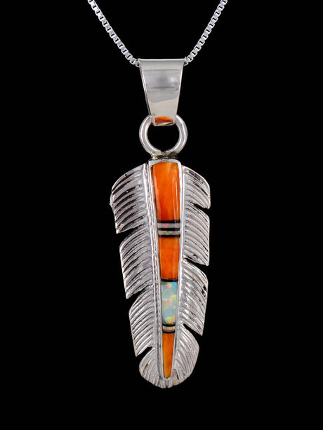 Native American Spiny Oyster Feather Inlay Pendant - PuebloDirect.com