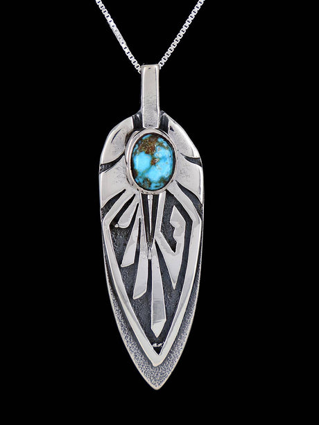 Navajo Sterling Silver Kingman Turquoise Feather Pendant - PuebloDirect.com