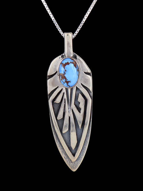 Navajo Sterling Silver Golden Hill Turquoise Feather Pendant - PuebloDirect.com