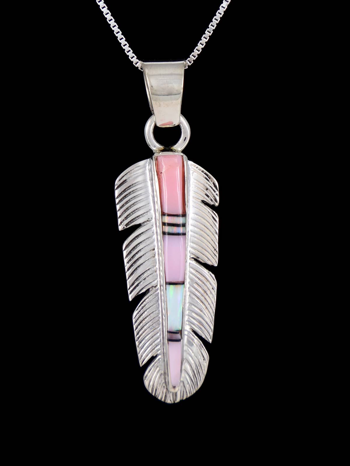 Navajo Pink Conch and Opalite Inlay Feather Pendant - PuebloDirect.com