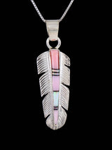 Navajo Pink Conch and Opalite Inlay Feather Pendant - PuebloDirect.com