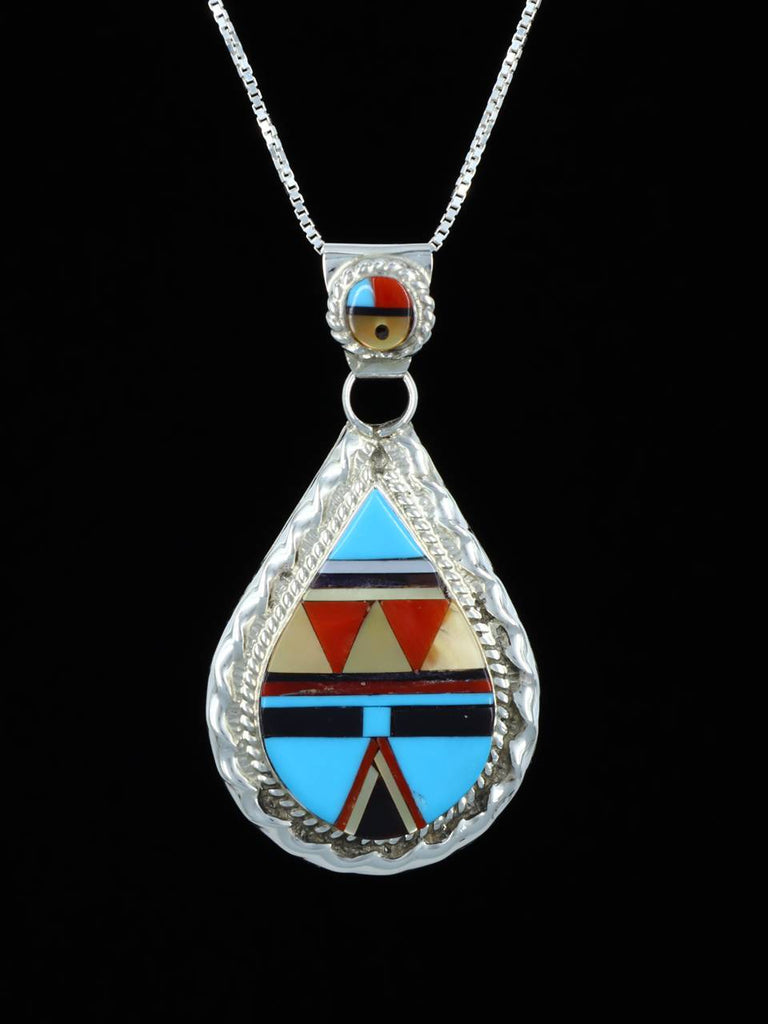 Turquoise Inlay Sterling Silver Zuni Sunface Pendant - PuebloDirect.com