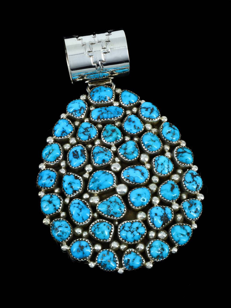Navajo Necklace Sterling Silver Kingman Turquoise Cluster Pendant - PuebloDirect.com