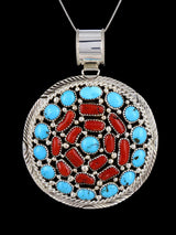 Native American Kingman Turquoise and Coral Cluster Pendant - PuebloDirect.com