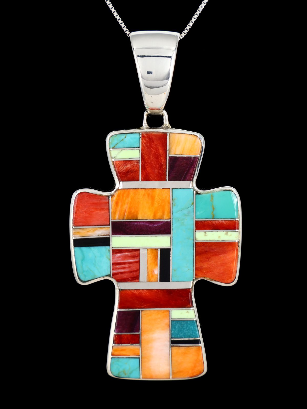 Navajo Multistone Sterling Silver Inlay Cross Pendant - PuebloDirect.com