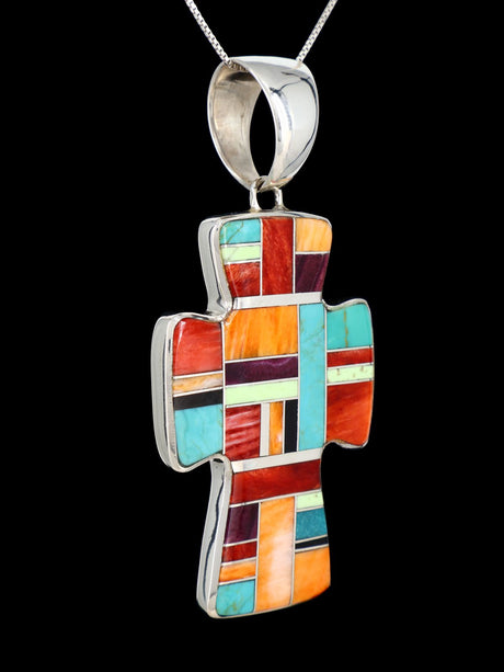 Navajo Multistone Sterling Silver Inlay Cross Pendant - PuebloDirect.com