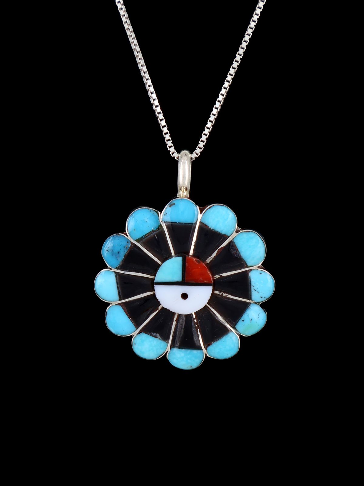 Native American Jewelry Zuni Inlay Sunface Pendant - PuebloDirect.com