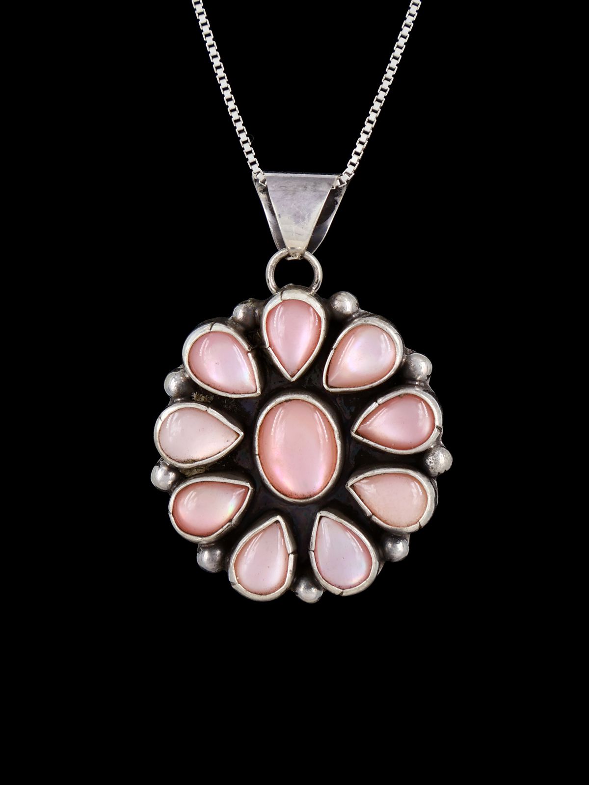 Navajo Sterling Silver Pink Shell Cluster Pendant - PuebloDirect.com