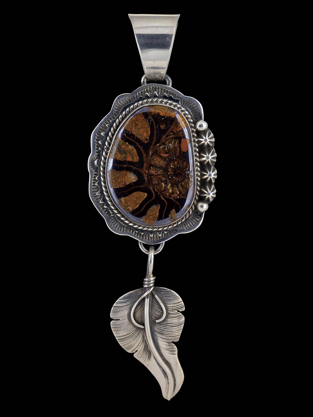 Fossilized Ammonite Navajo Sterling Silver Feather Pendant