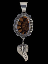 Fossilized Ammonite Navajo Sterling Silver Feather Pendant