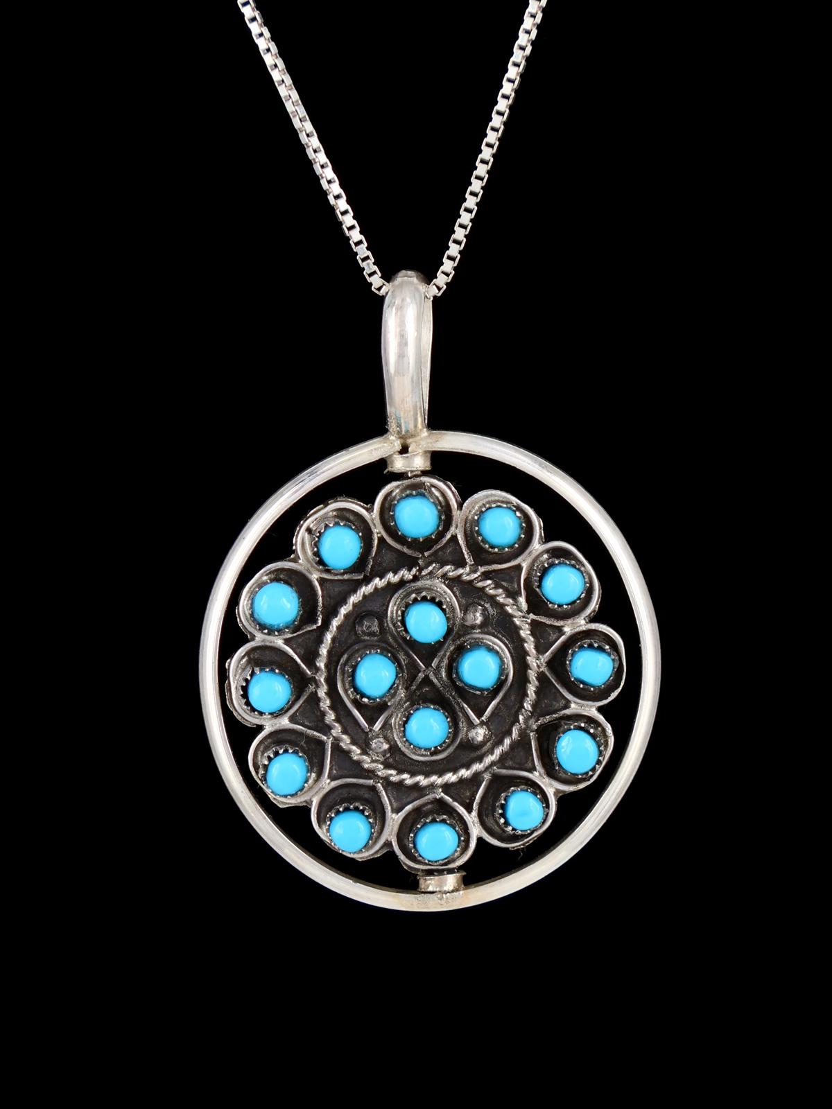 Coral and Turquoise Cluster Sterling Silver Zuni Reversible Spinner Pendant - PuebloDirect.com