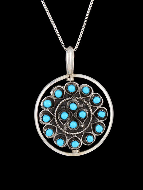Coral and Turquoise Cluster Sterling Silver Zuni Reversible Spinner Pendant - PuebloDirect.com