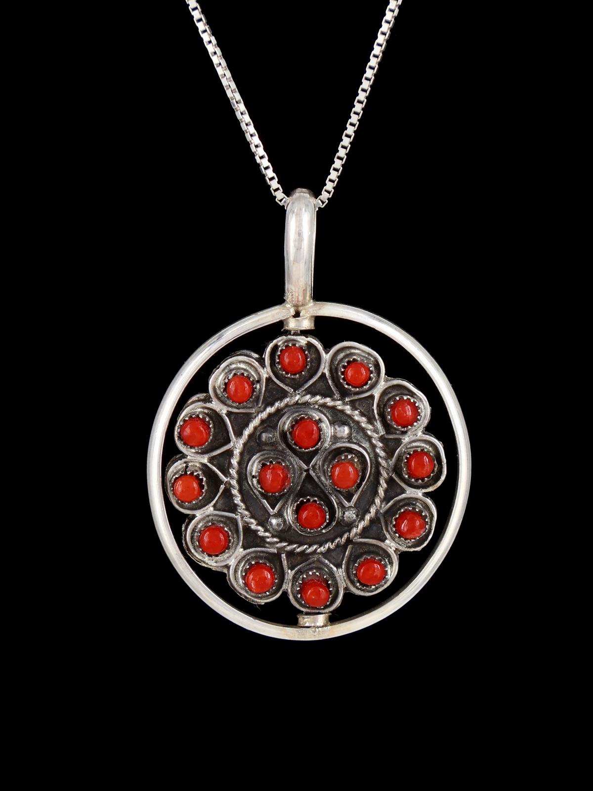 Coral and Turquoise Cluster Sterling Silver Zuni Reversible Spinner Pendant - PuebloDirect.com