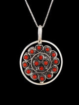 Coral and Turquoise Cluster Sterling Silver Zuni Reversible Spinner Pendant - PuebloDirect.com