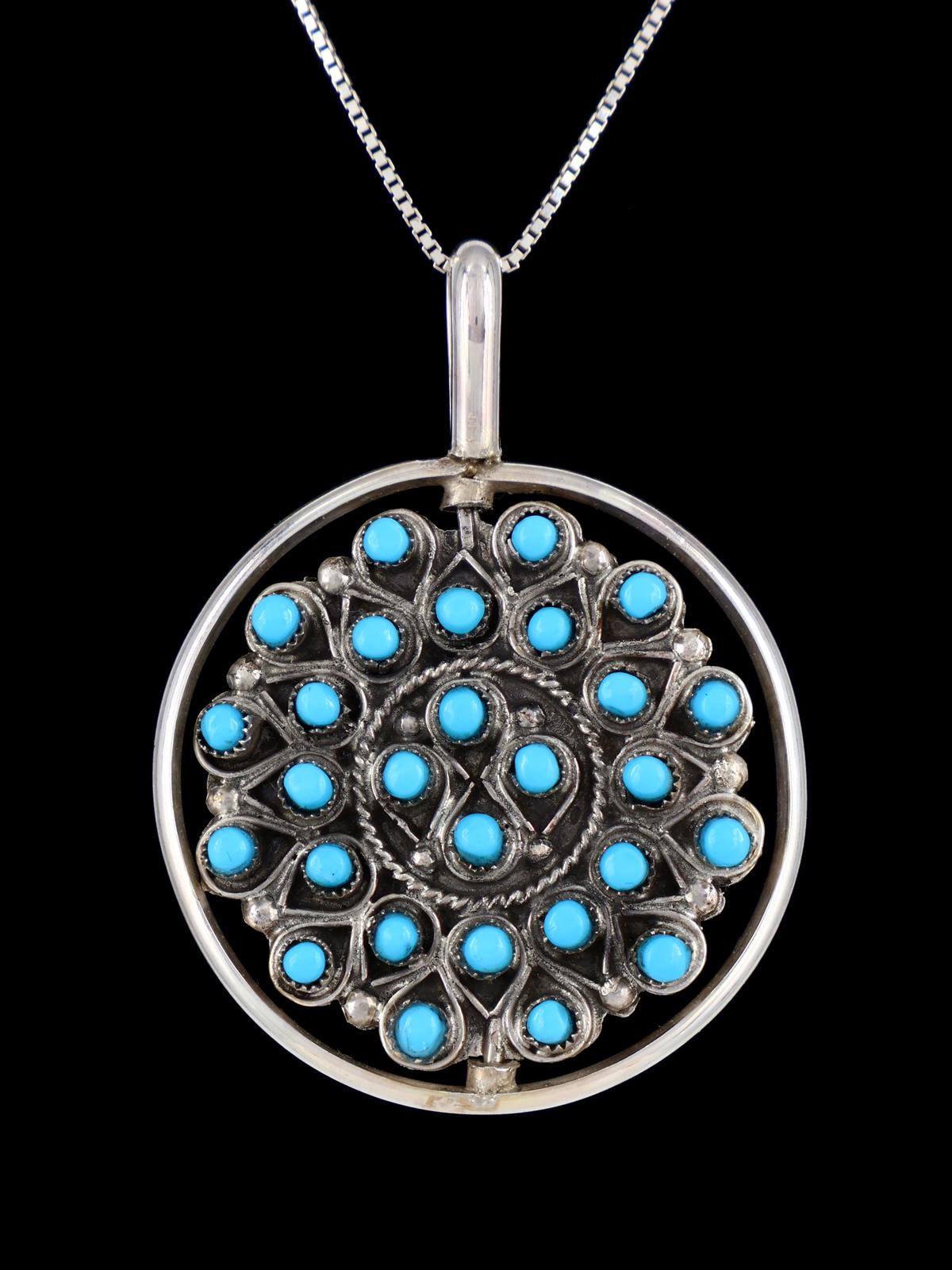 Coral and Turquoise Cluster Sterling Silver Zuni Reversible Spinner Pendant - PuebloDirect.com