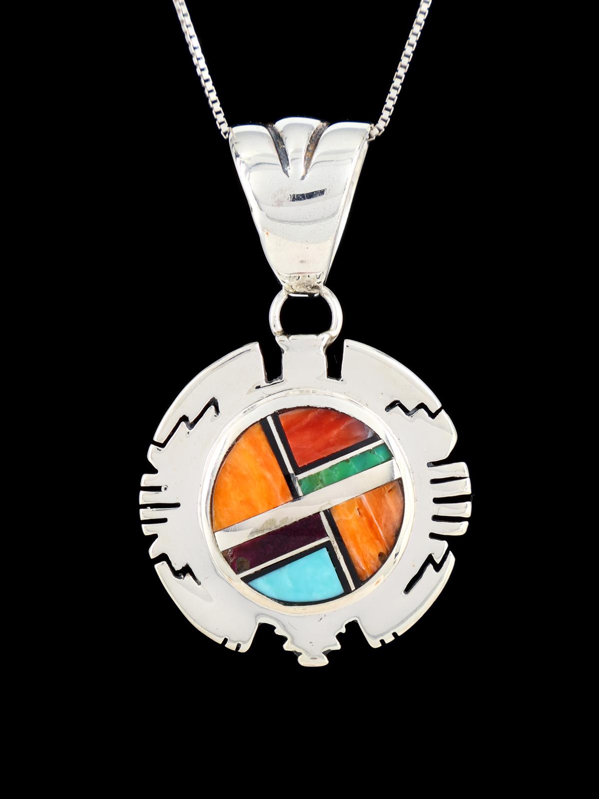 Navajo Sterling Silver Spiny Oyster and Turquoise Inlay Pendant - PuebloDirect.com