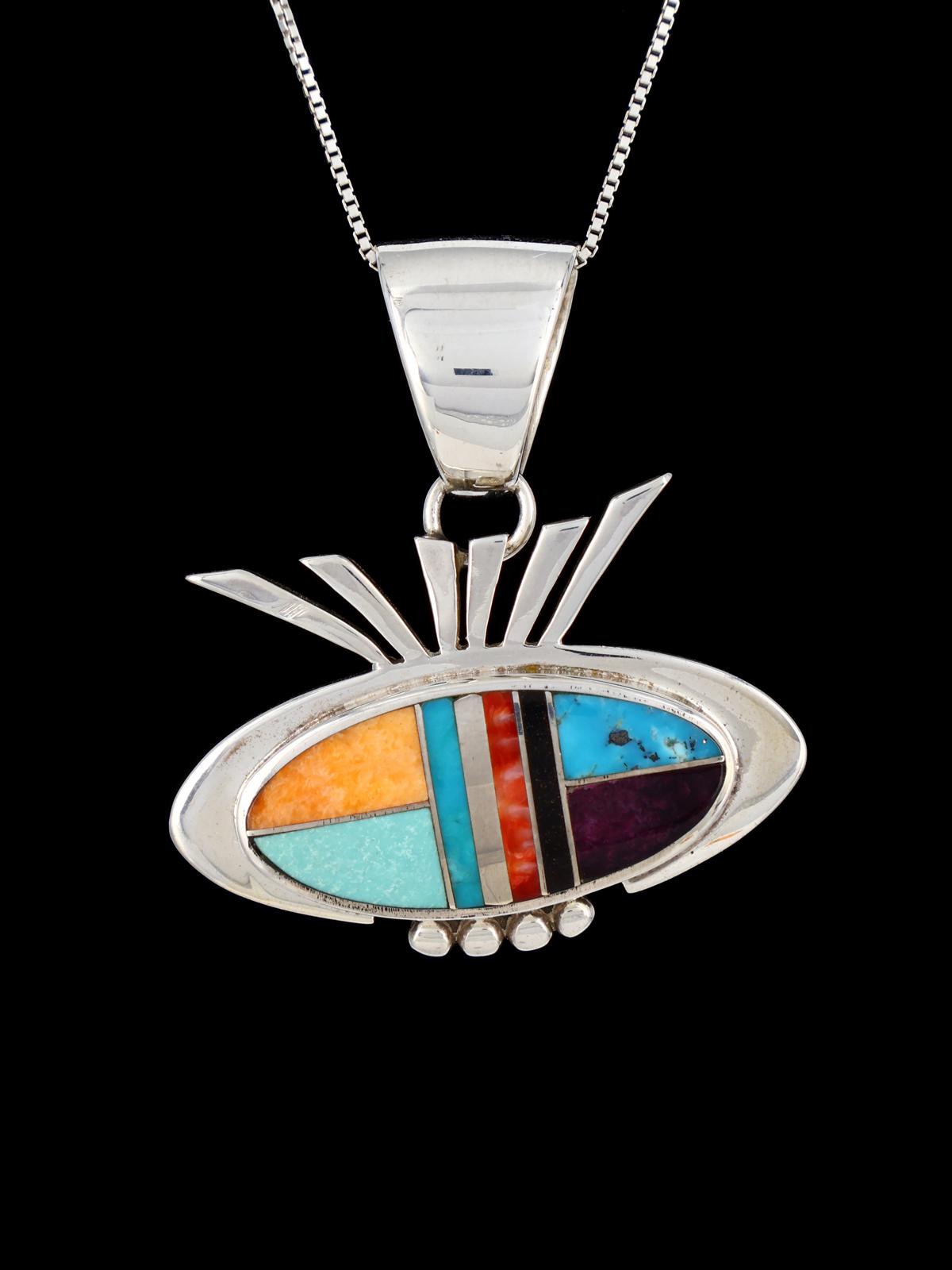 Navajo Multistone Mosaic Sterling Silver Inlay Pendant - PuebloDirect.com