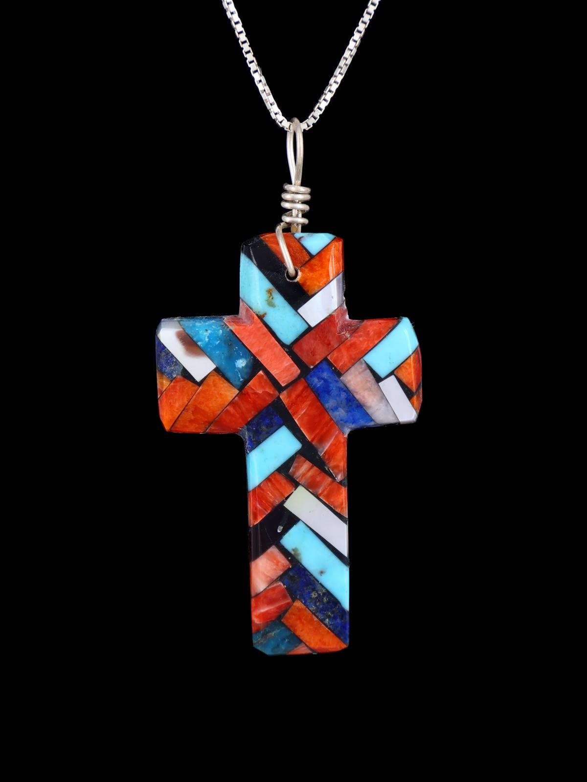 Native American Jewelry Multistone Mosaic Inlay Cross Pendant - PuebloDirect.com
