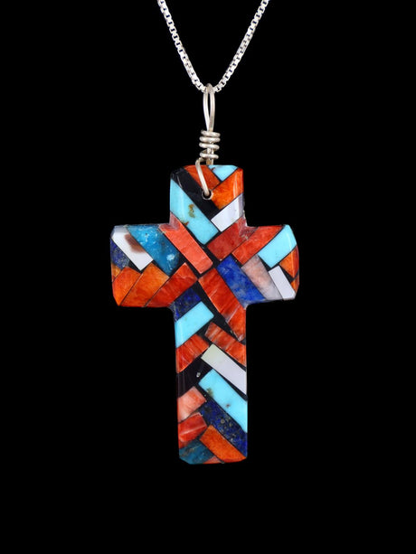 Native American Jewelry Multistone Mosaic Inlay Cross Pendant - PuebloDirect.com