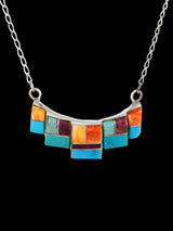Native American Jewelry Sterling Silver Spiny Oyster Inlay Necklace - PuebloDirect.com
