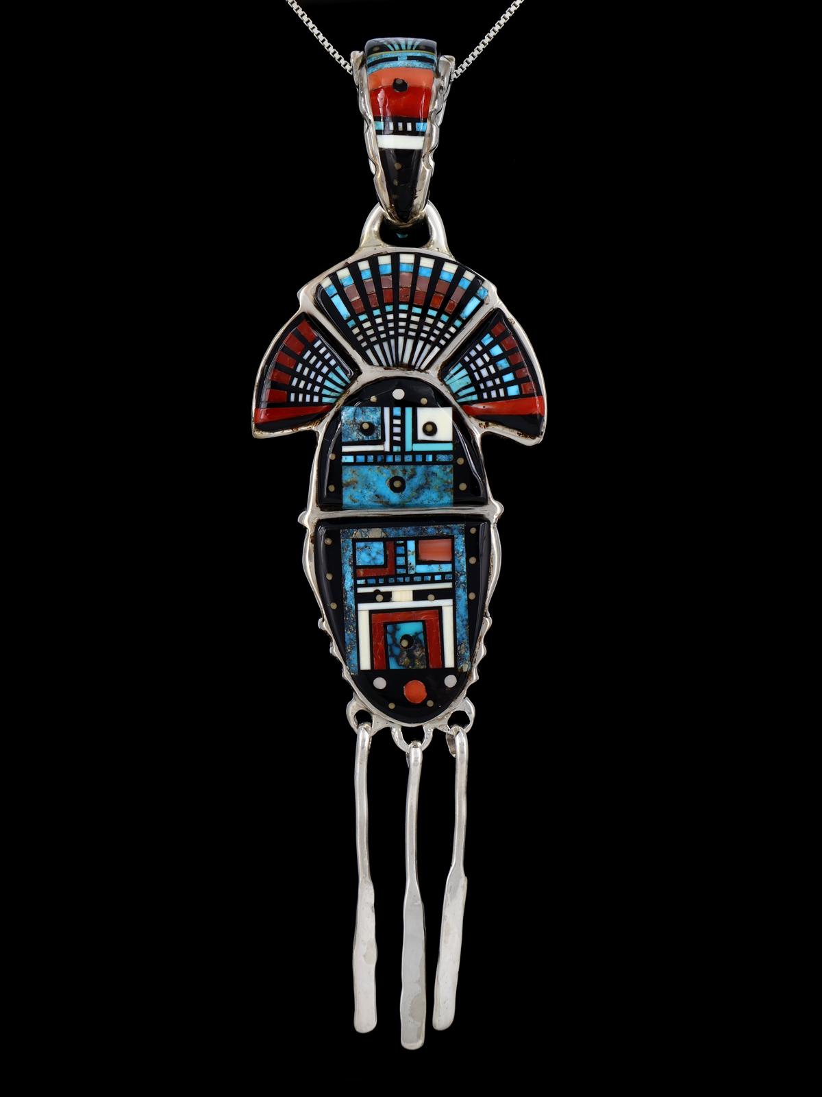 Navajo Sterling Silver Turquoise Inlay Yei Pendant - PuebloDirect.com