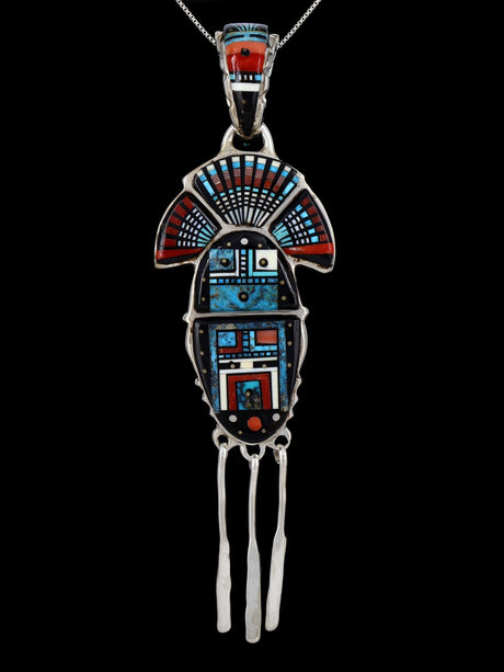 Navajo Sterling Silver Turquoise Inlay Yei Pendant - PuebloDirect.com